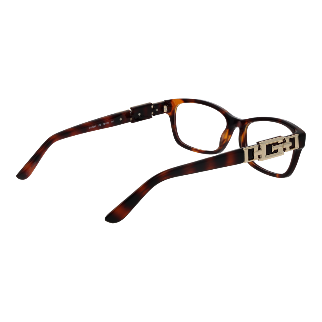Tortoise brown rectangular full-rim eyeglasses in plastic with gold hinge detail, front three-quarter view