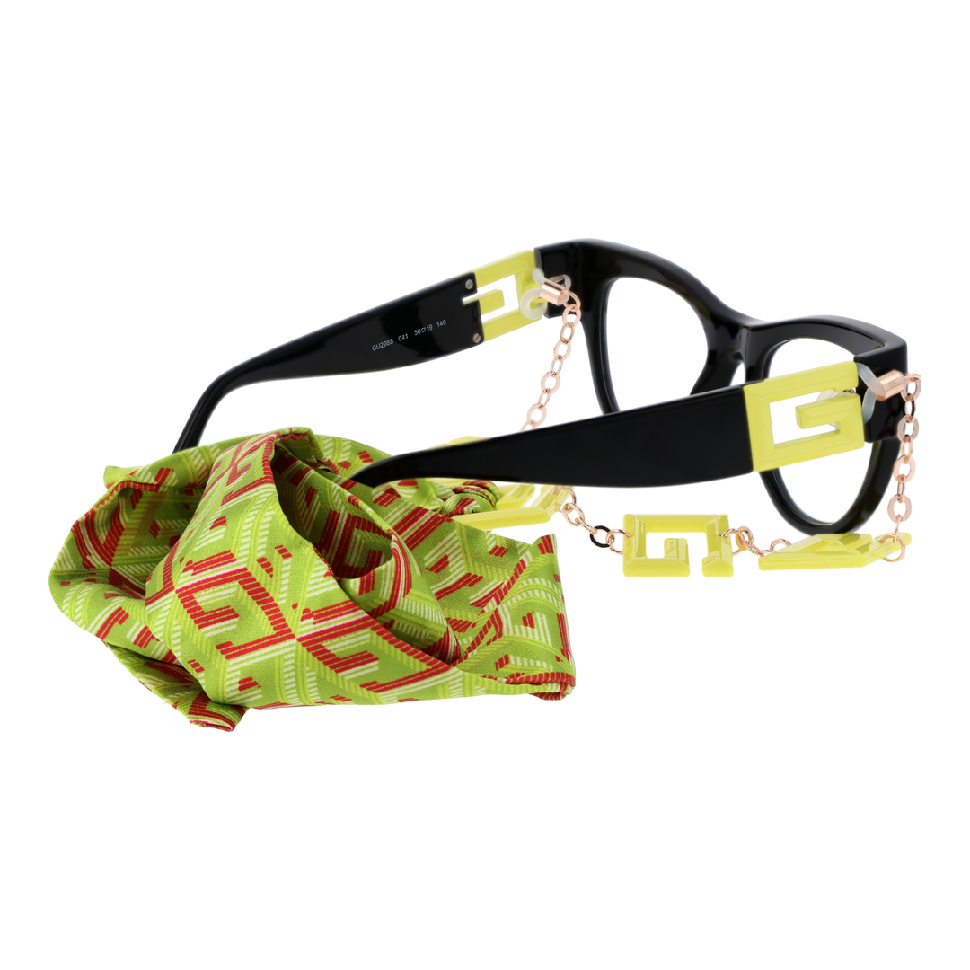 Black cat-eye eyeglasses with yellow, green, red patterned strap and attached metal chain for Women