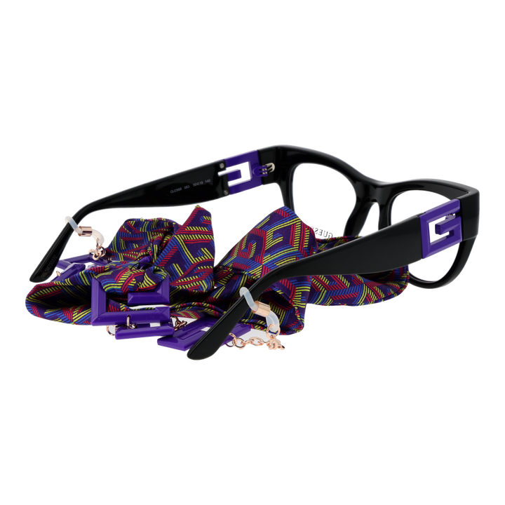 Black cat-eye eyeglasses with purple G temples and attached multicolor patterned fabric scarf for Women