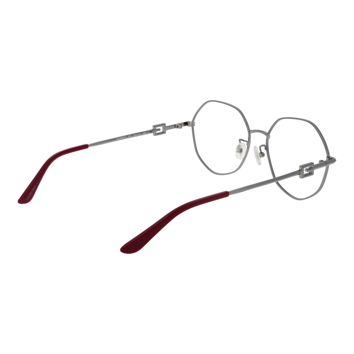 Unisex silver octagonal metal eyeglasses with red temple accents and adjustable nose pads