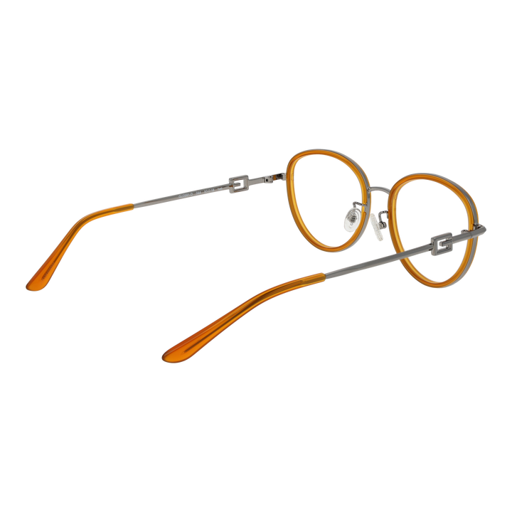 Unisex orange and silver retro round eyeglasses with metal temples and plastic tips on white background