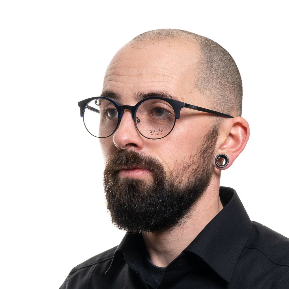 Unisex black and blue metal round eyeglasses with thin frame, adjustable nose pads and logo on temple, front three-quarter view