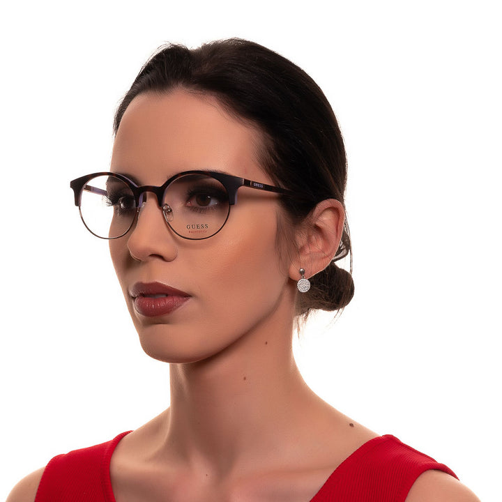 Tortoiseshell round eyeglasses with purple temples and metal lower rim, retro look for Women