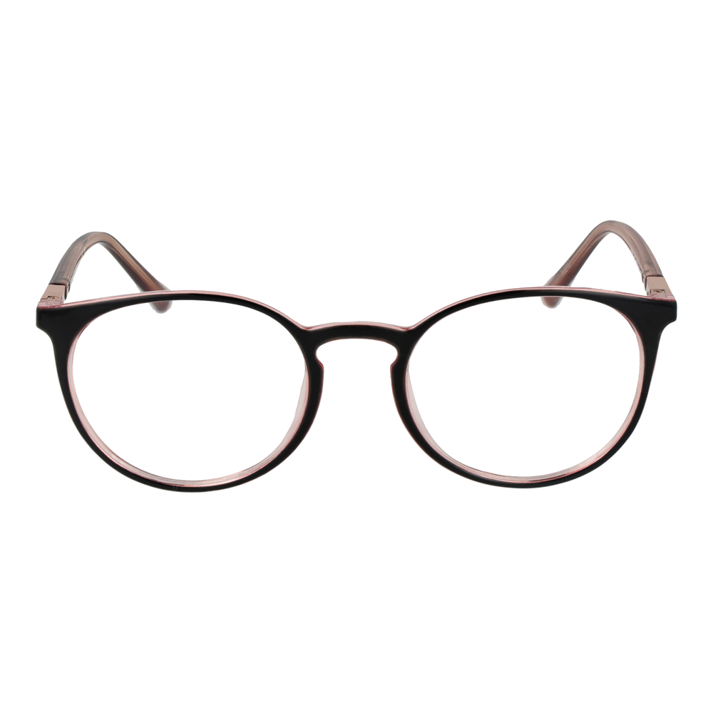 Black and brown plastic round eyeglasses with thin frame and transparent inner rim shown front view