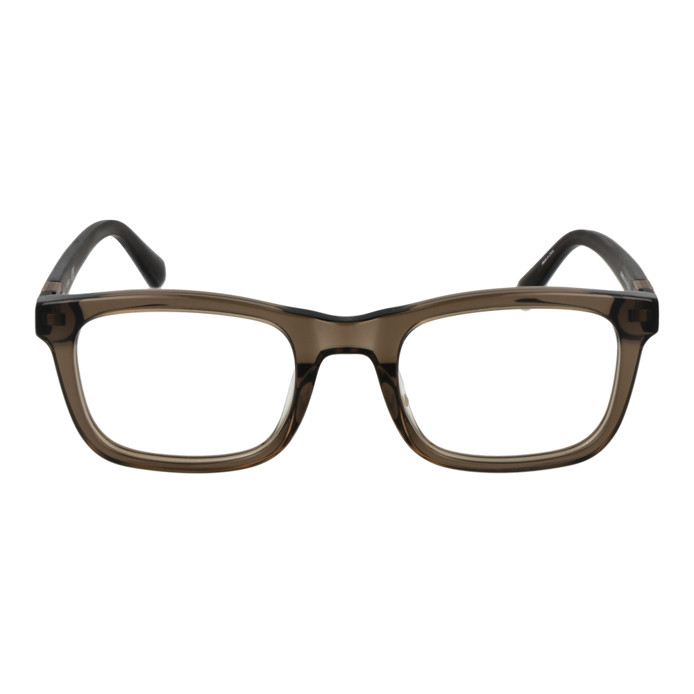 Transparent brown plastic rectangular eyeglasses with metal triangle detail on temples, Unisex modern style