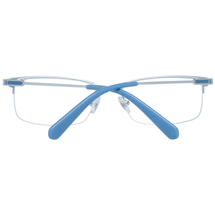 Unisex silver metal rectangular eyeglasses with thin frame and blue temple tips on white background