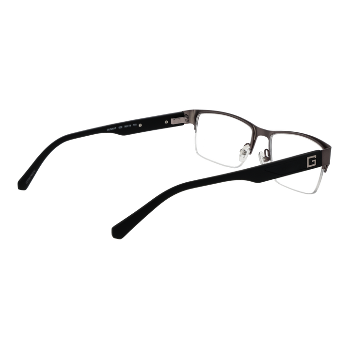 Brown and black half-rim eyeglasses, rectangular lenses, metal frame, adjustable nose pads, plastic temple tips