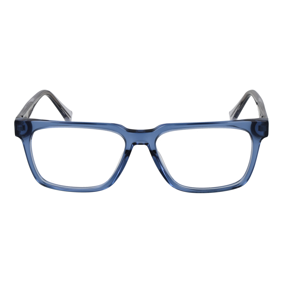 Unisex transparent blue-gray full-rim rectangular eyeglasses with decorative temple arms against neutral background