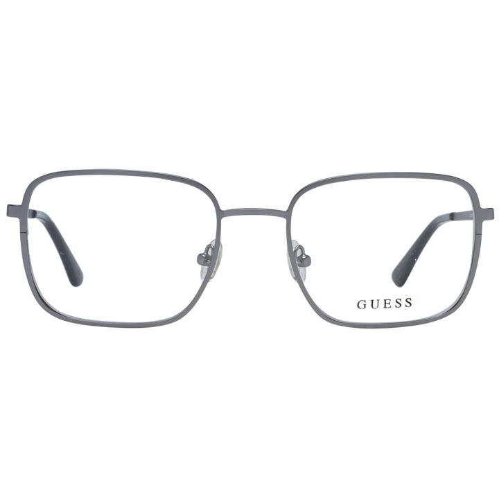 Gray thin metal full-rim rectangular eyeglasses with adjustable nose pads on neutral background, Unisex