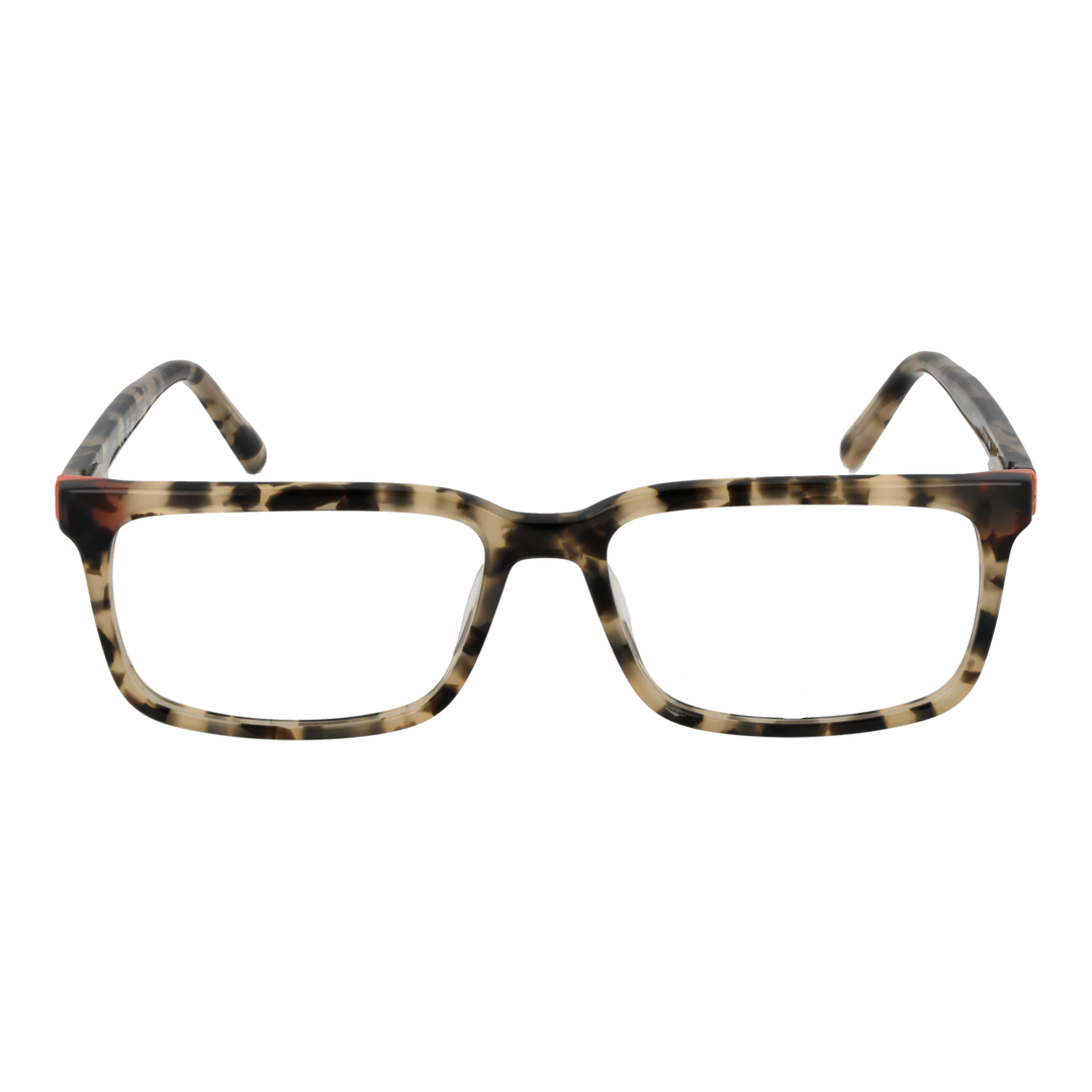 Unisex tortoise shell full-rim eyeglasses with rectangular lenses and small orange hinge accent, black and beige tones