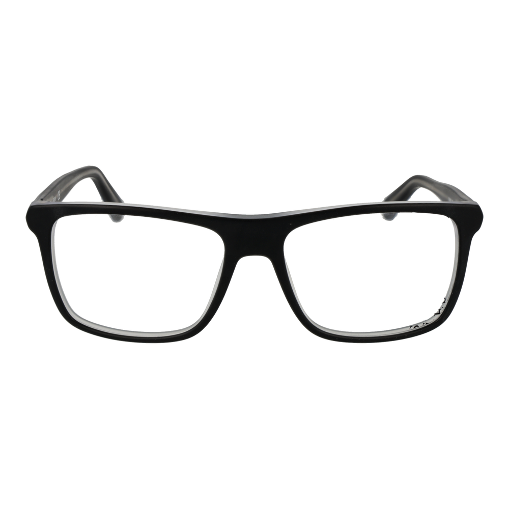 Black full-rim rectangular eyeglasses in modern plastic frame shown front-on and slightly angled