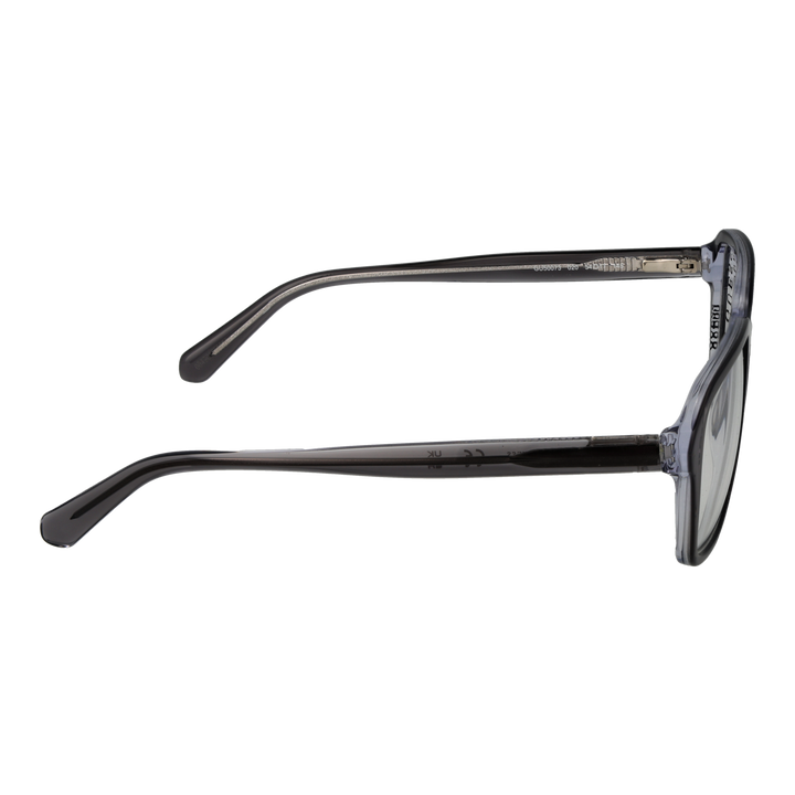 Unisex transparent plastic full-rim rectangular eyeglasses in gray, modern slender temples on neutral background
