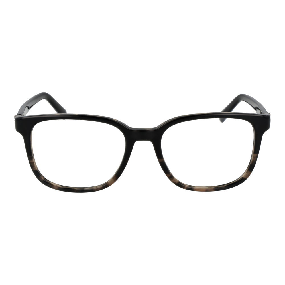Unisex rectangular tortoiseshell full-rim plastic eyeglasses with visible brand logo on temple
