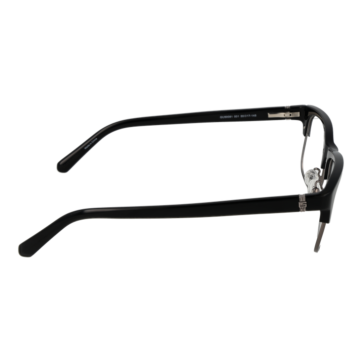 Black and silver semi-rimless eyeglasses with rectangular lenses, plastic upper frame and metal lower rim