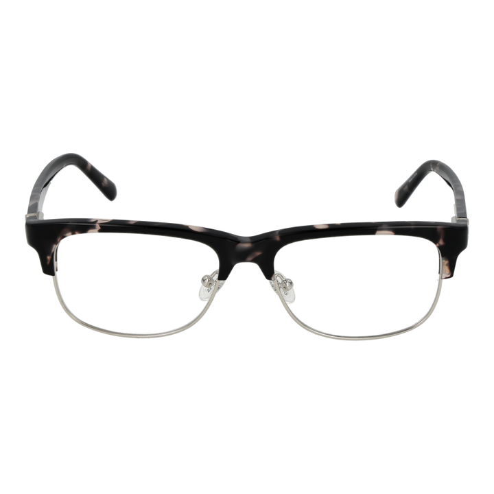 Unisex black and beige tortoiseshell semi-rim eyeglasses with rectangular lenses and metal nose pads