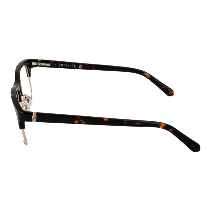 Unisex tortoise-pattern semi-rimless eyeglasses with gold metal temples and rectangular lenses on white background