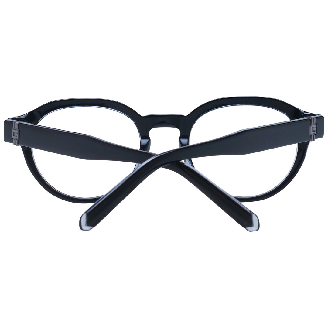 Unisex black round eyeglasses in plastic frame with clear inner edges and metal temple logo, front three-quarter view