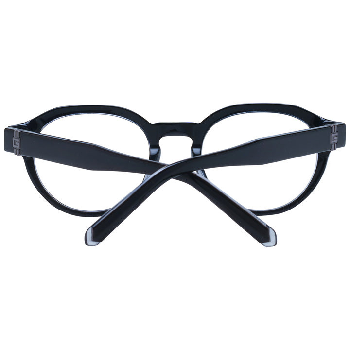 Unisex black round eyeglasses in plastic frame with clear inner edges and metal temple logo, front three-quarter view