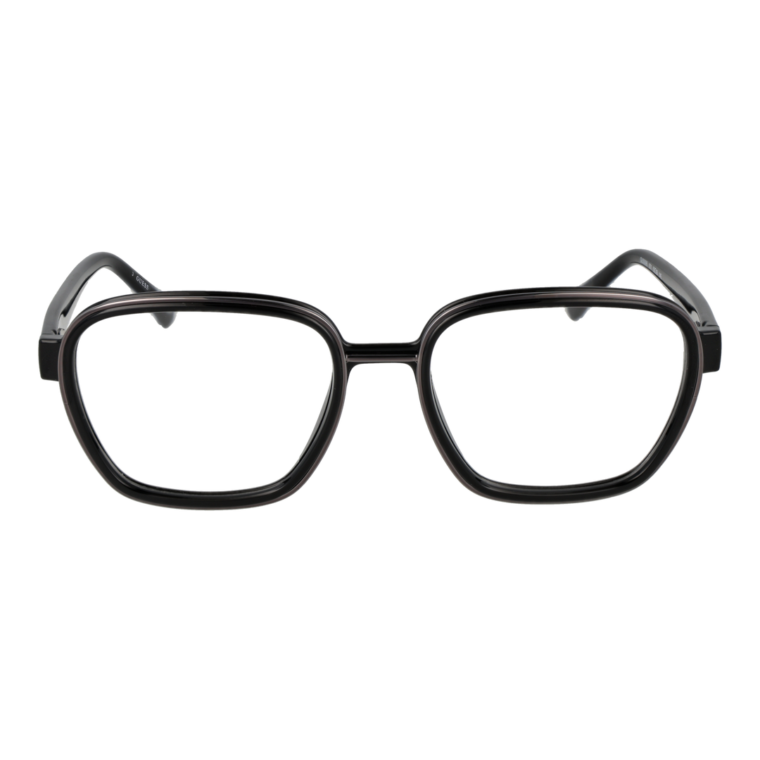 Matte black full-rim rectangular eyeglasses in plastic with clear lenses, modern thick frame, Unisex