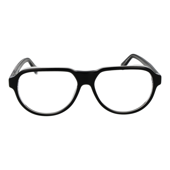 Unisex black full-rim rectangular eyeglasses with clear transparent temple accents and rounded edges