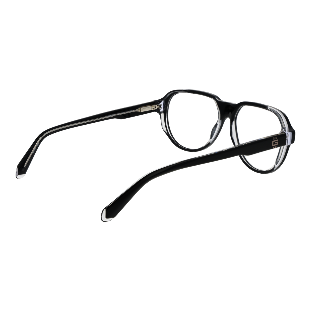 Unisex black full-rim rectangular eyeglasses with clear transparent temple accents and rounded edges