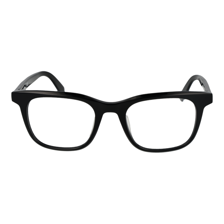 Unisex black full-rim rectangular eyeglasses in plastic with nose pads, front and angled view