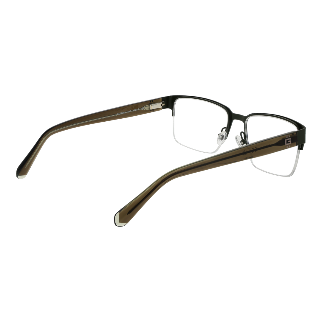 Unisex semi-rimless eyeglasses in green and brown metal and plastic with rectangular lenses and nose pads