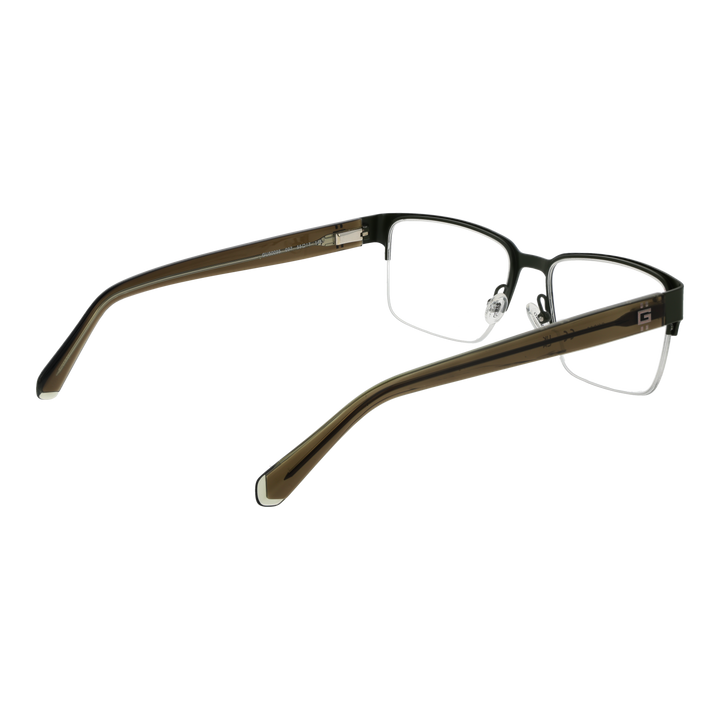 Unisex semi-rimless eyeglasses in green and brown metal and plastic with rectangular lenses and nose pads