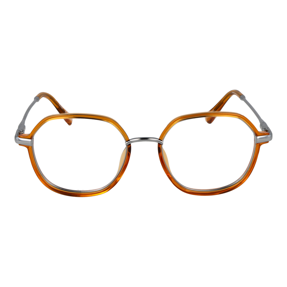 Unisex amber round eyeglasses with plastic front and thin silver metal temples on neutral background