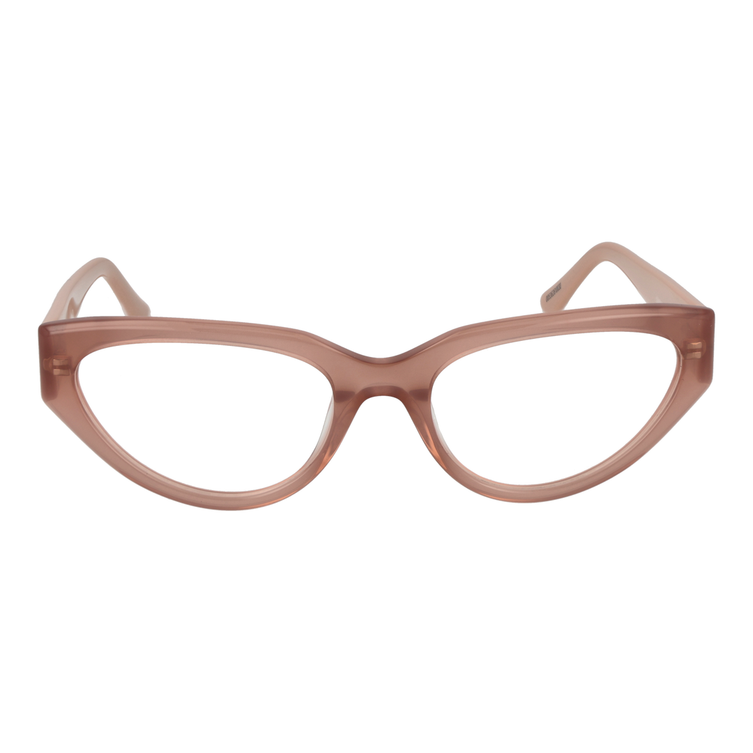Transparent pink cat-eye eyeglasses in plastic with metal logo temples, retro silhouette for Women