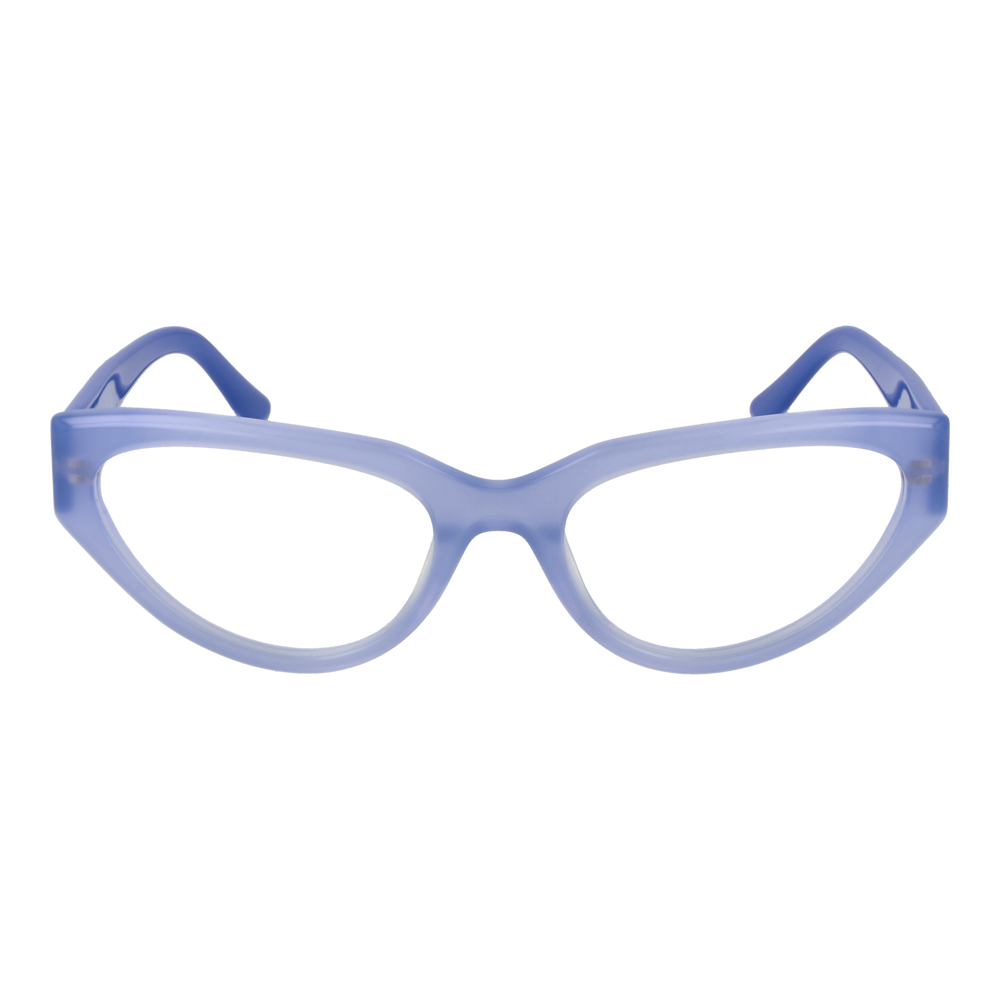 Blue plastic cat-eye eyeglasses for Women with decorative logo on temples, front and side view