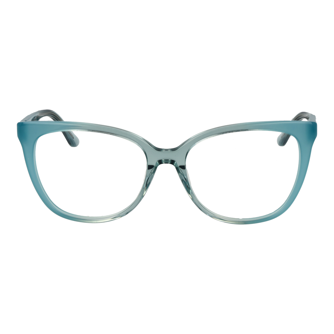 Blue plastic cat-eye eyeglasses with gold decorative symbols on temples, fashionable retro style for Women