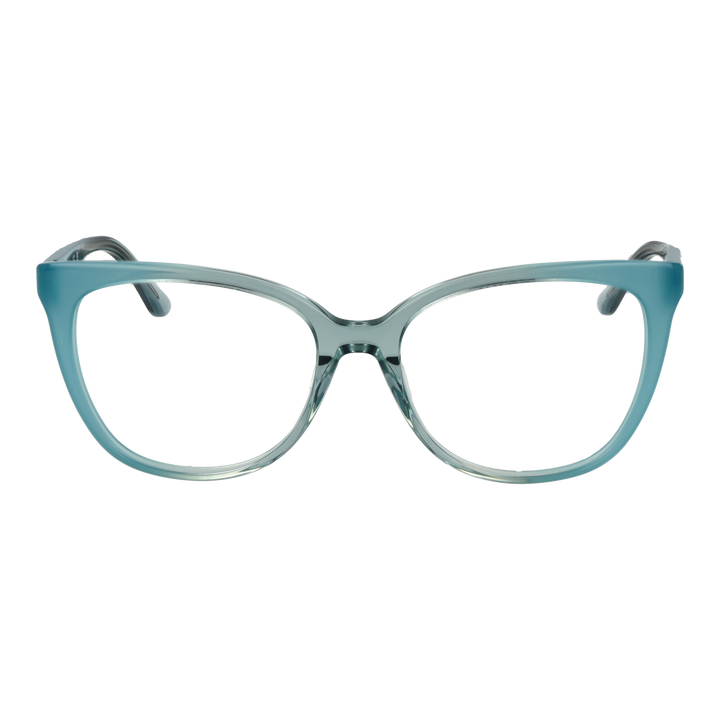 Blue plastic cat-eye eyeglasses with gold decorative symbols on temples, fashionable retro style for Women