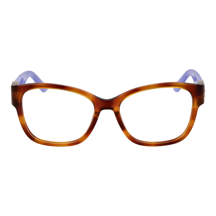 Purple and brown full-rim rectangular eyeglasses with gold emblem on temples, plastic frame, modern style for Women