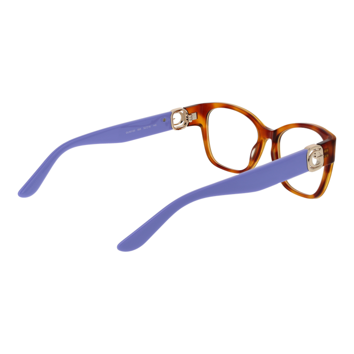 Purple and brown full-rim rectangular eyeglasses with gold emblem on temples, plastic frame, modern style for Women