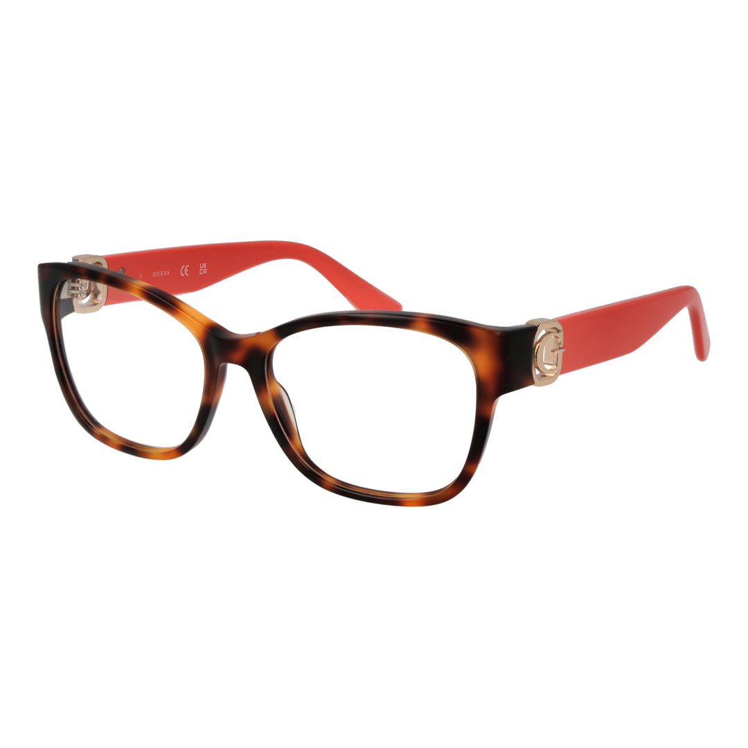 Tortoiseshell square eyeglasses for Women with red temples and gold G logo on temples