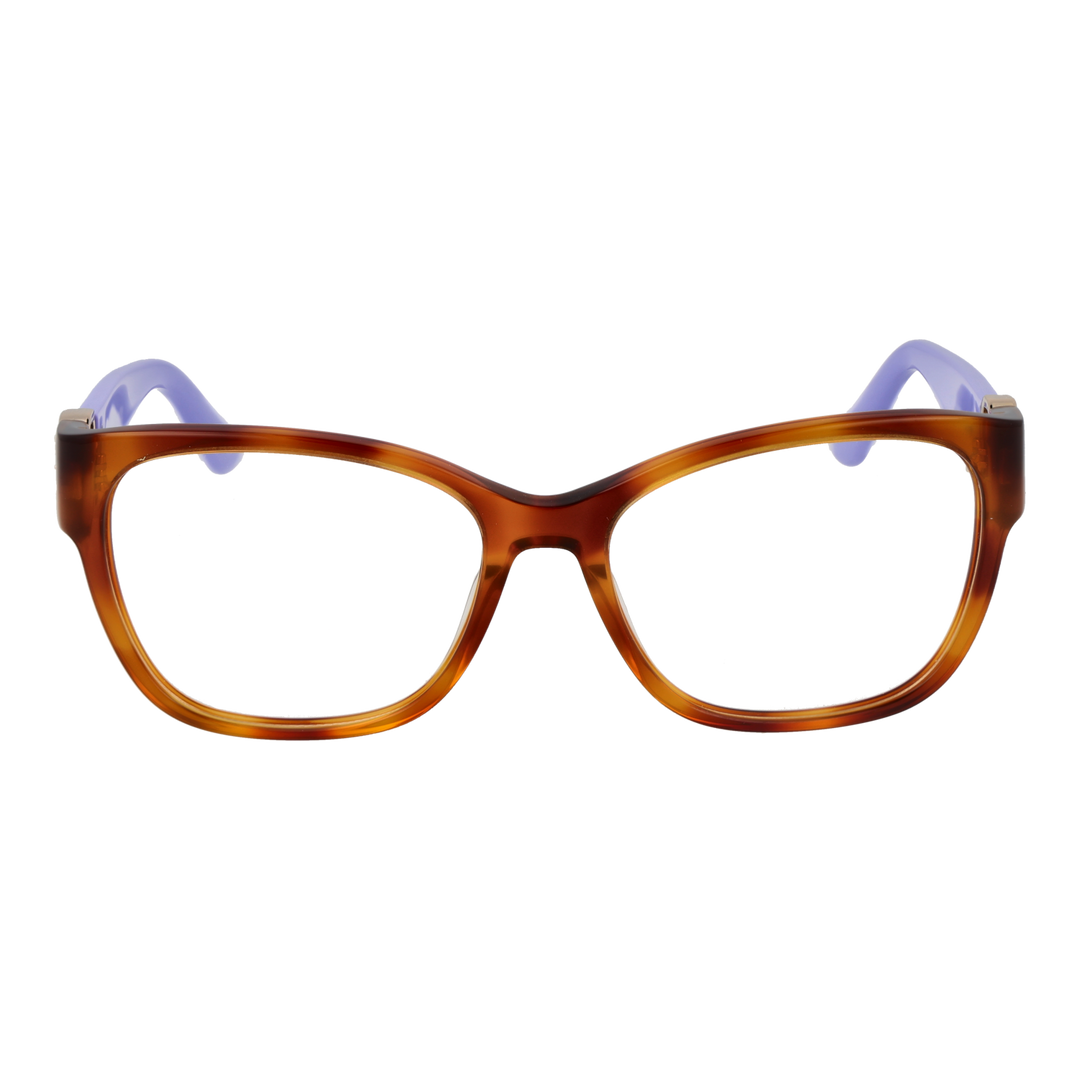 Brown rectangular full-rim eyeglasses with purple temples and gold logo on temple, modern women’s style