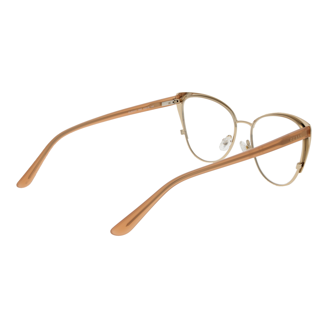Brown patterned cat-eye eyeglasses with gold temples and clear nose pads on white background