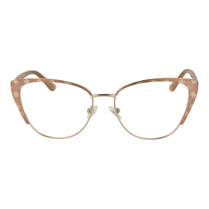 Brown patterned cat-eye eyeglasses with gold metal temples and clear nose pads for Women, front three-quarter view