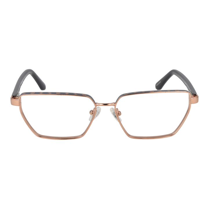 Rose gold thin metal rectangular eyeglasses with black temple tips and brand logo on temple on white background