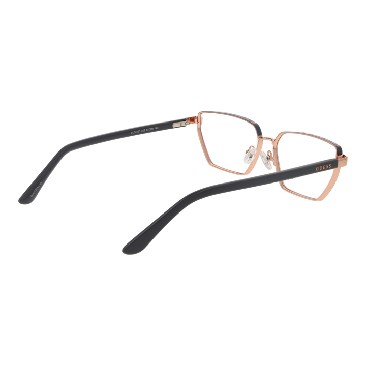 Rose gold thin metal rectangular eyeglasses with black temple tips and brand logo on temple on white background
