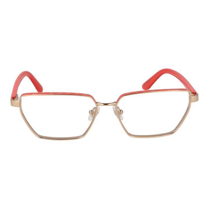 Gold metal rectangular eyeglasses for Women with plastic temple tips against white background