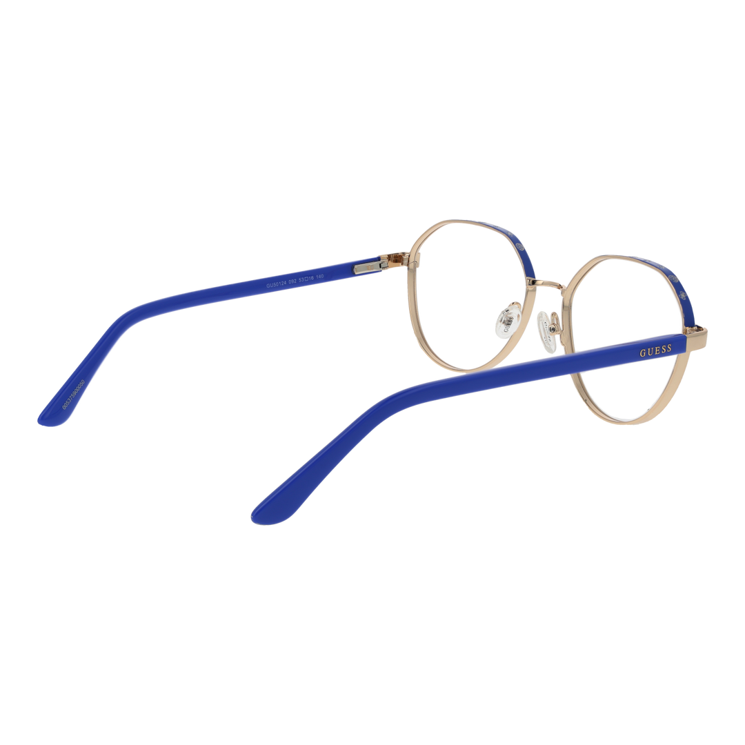 Unisex gold metal round eyeglasses with blue lenses and decorative symbols on upper frame, plastic temple tips, nose pads