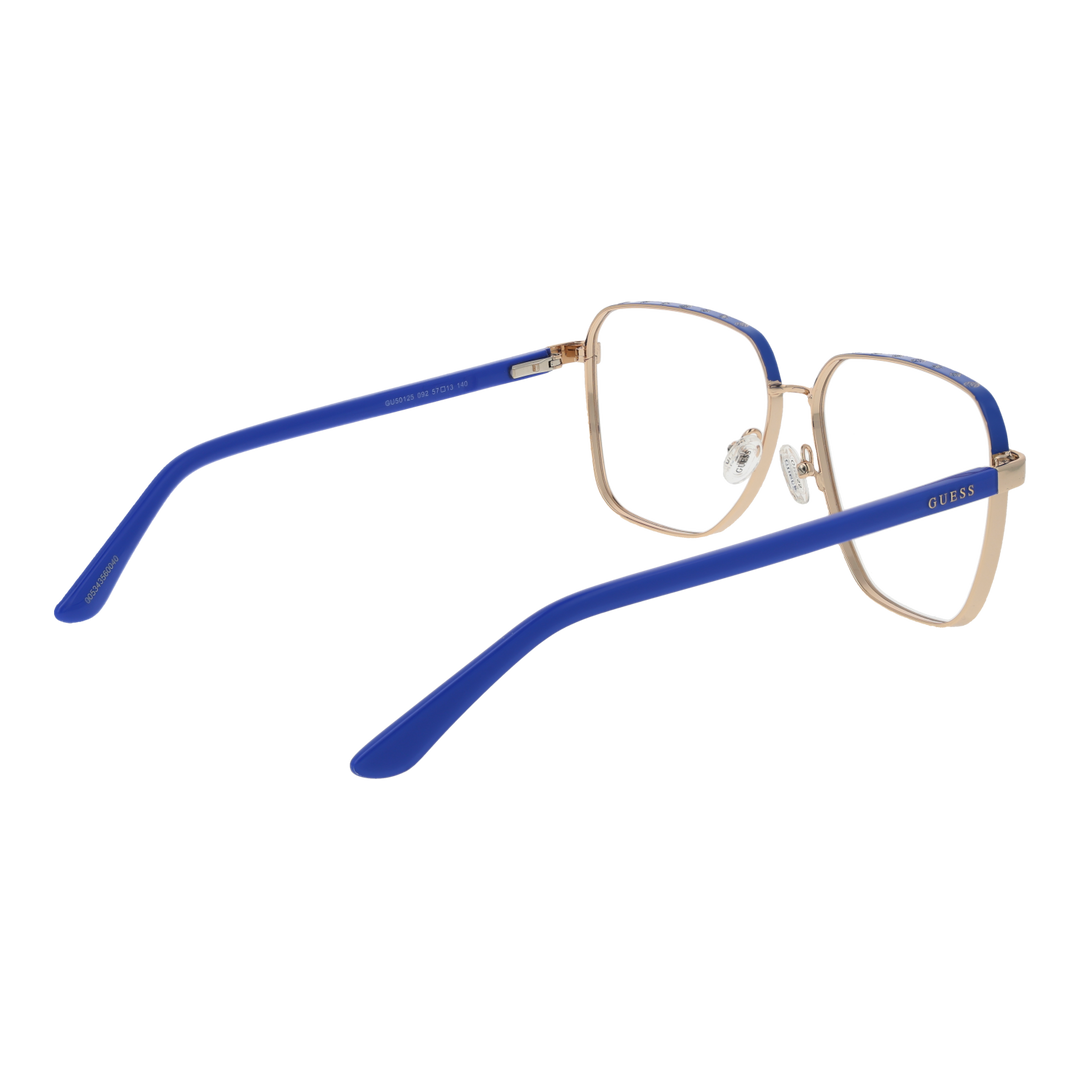 Unisex gold metal rectangular eyeglasses with blue lenses, adjustable nose pads and plastic temple tips