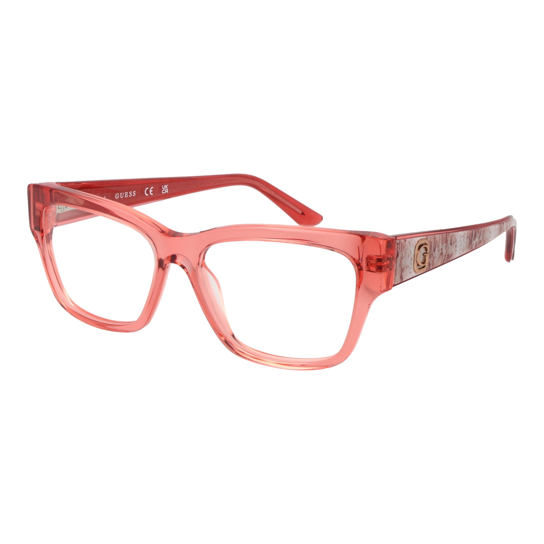 Transparent pink square eyeglasses in plastic with visible temple logo detail on a neutral background