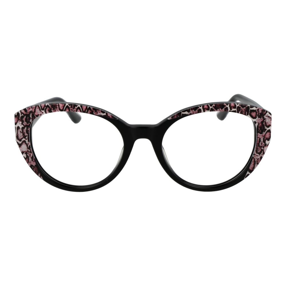 Black cat-eye eyeglasses with pink and white animal print and metallic temple logo for Women