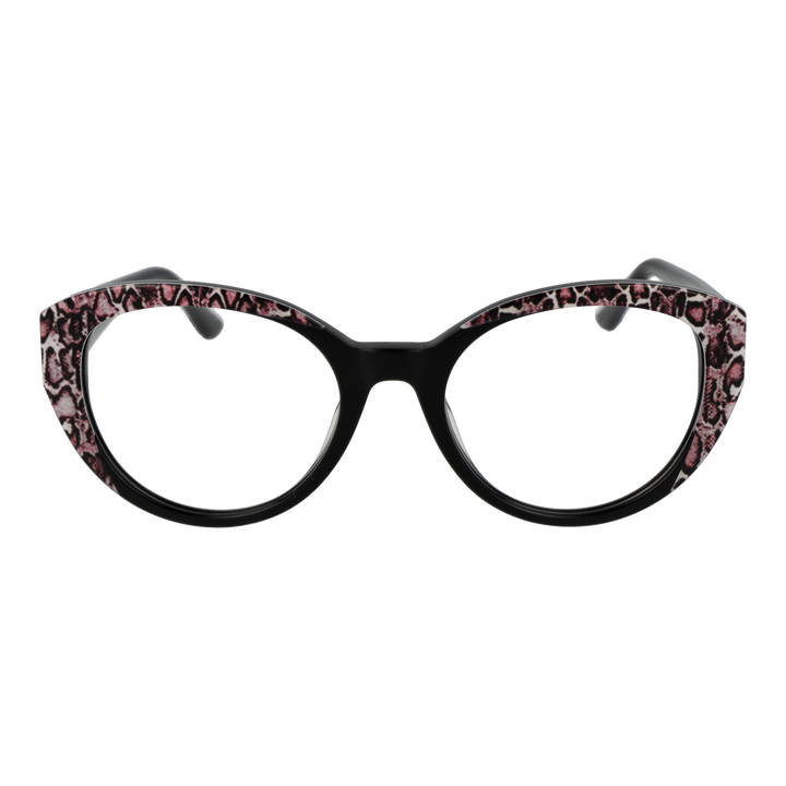 Black cat-eye eyeglasses with pink and white animal print and metallic temple logo for Women
