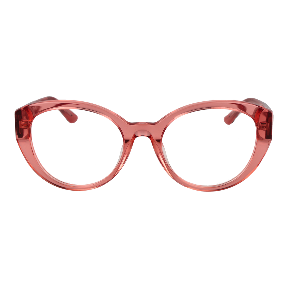 Transparent pink cat-eye eyeglasses with snake-skin patterned temples and small gold emblem