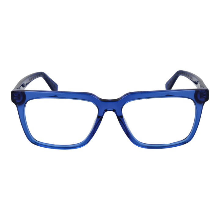 Transparent blue plastic rectangular eyeglasses with clear lenses and Guess logo on temple, modern unisex design
