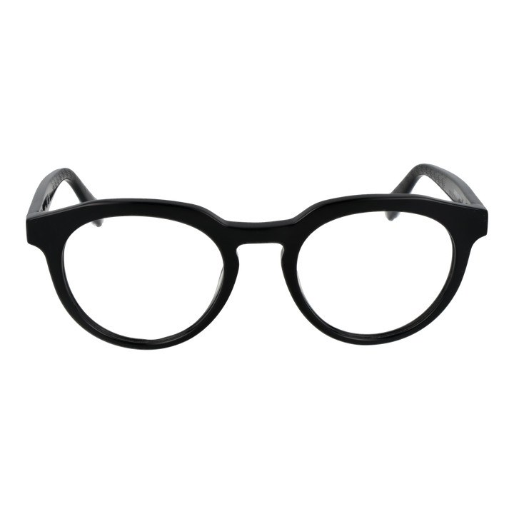 Unisex black plastic round eyeglasses, full-rim frame, temple tips, front view on white background.